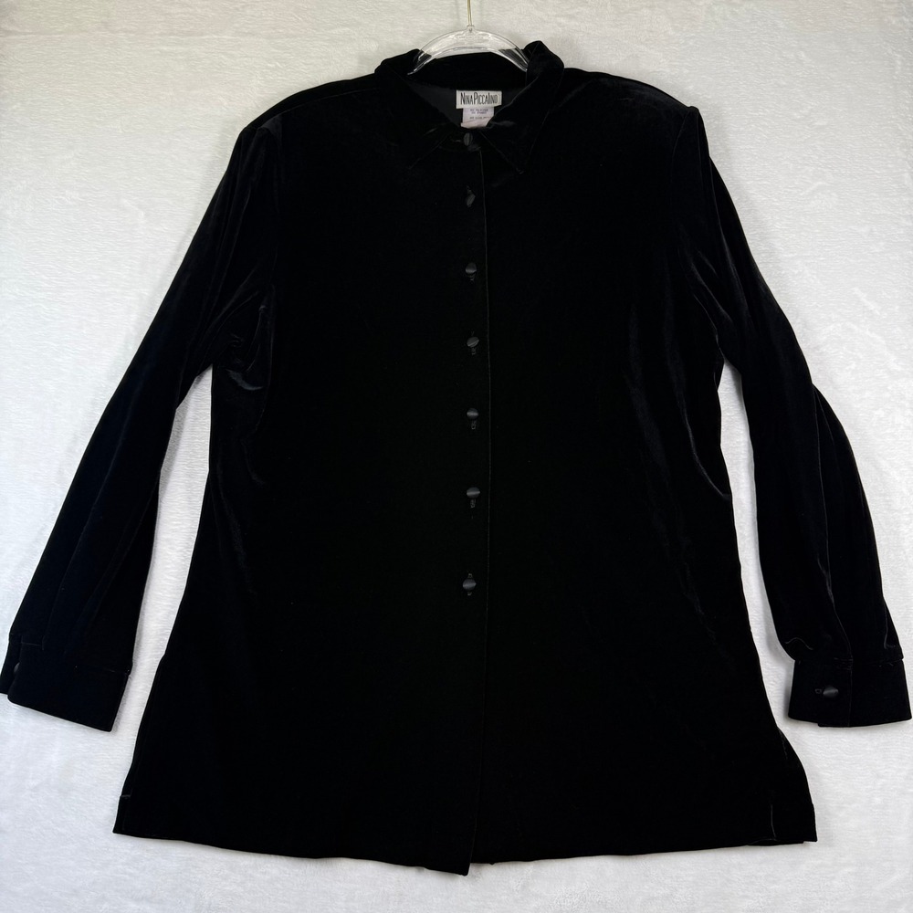Nina Piccalino Black Velvet‎ Tunic Blouse Long Sleeve Button Up Size 14